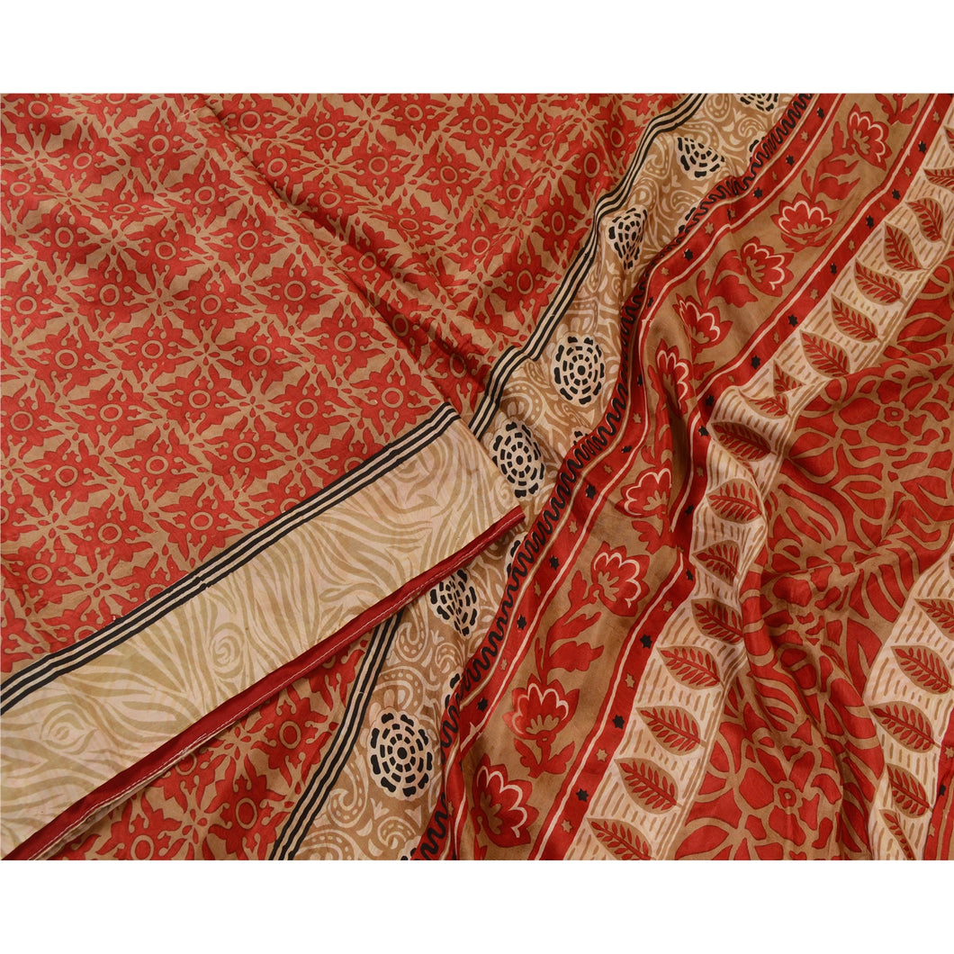 Sanskriti Vintage Sarees Red Pure Silk Quilting Felting Craft Fabric Print Sari