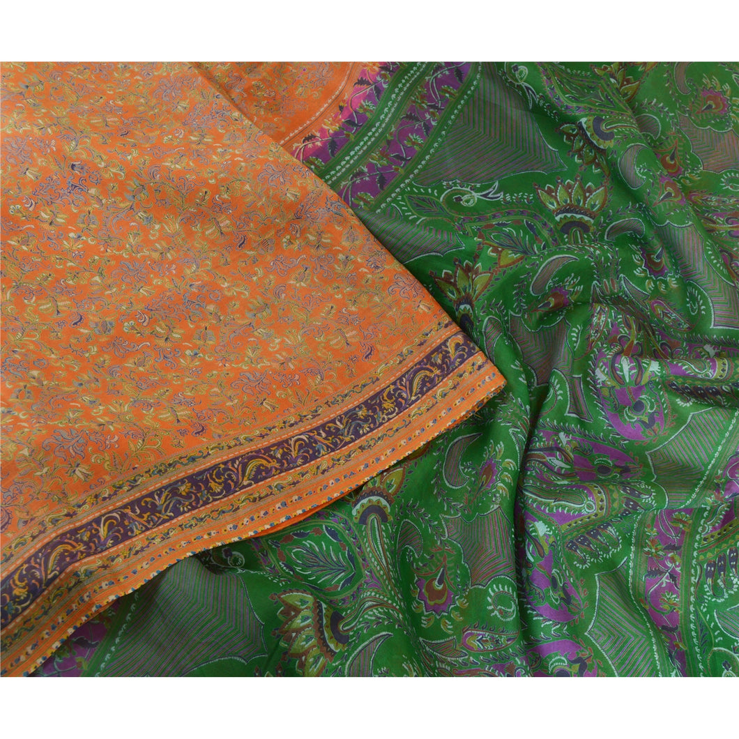 Sanskriti Vintage Sarees Orange/Green Pure Silk Printed Sari Soft Craft Fabric
