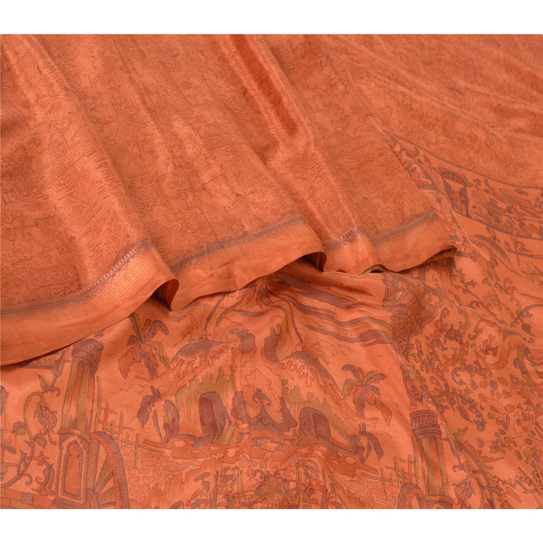 Sanskriti Vintage Sarees Rusty Orange Pure Silk Printed Sari Soft Craft Fabric