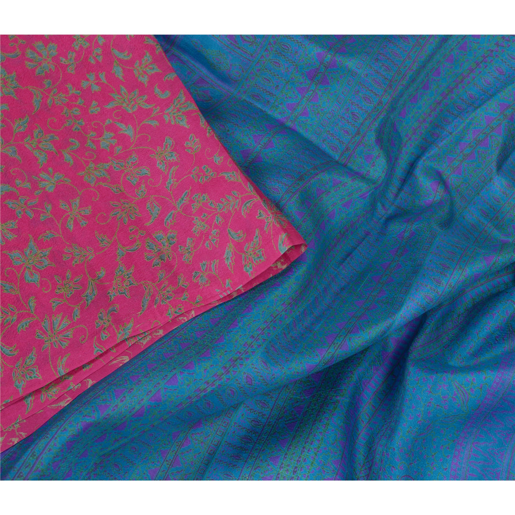 Sanskriti Vintage Sarees Pink/Blue Pure Silk Printed Sari Floral Craft Fabric