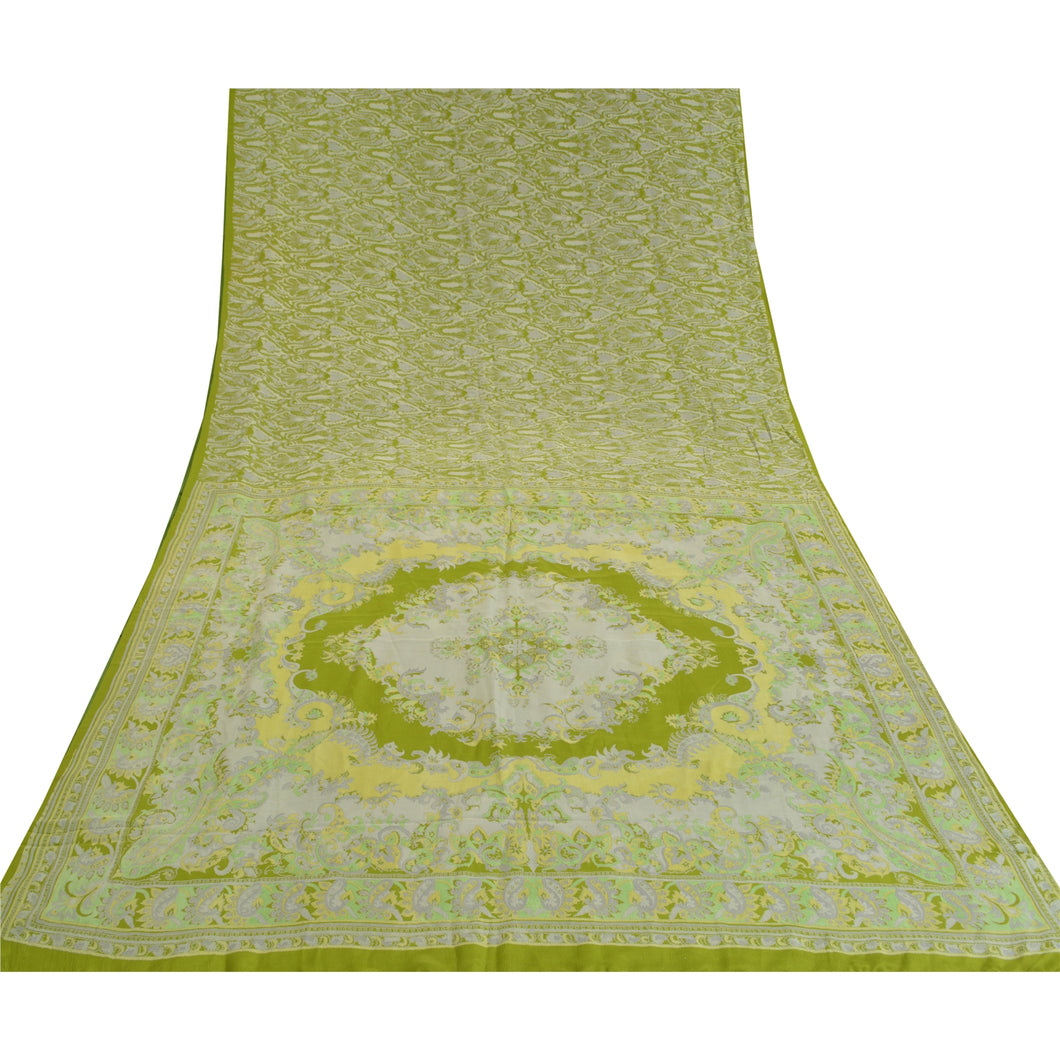 Sanskriti Vintage Sarees Green Pure Crepe Silk Printed Sari Floral Craft Fabric