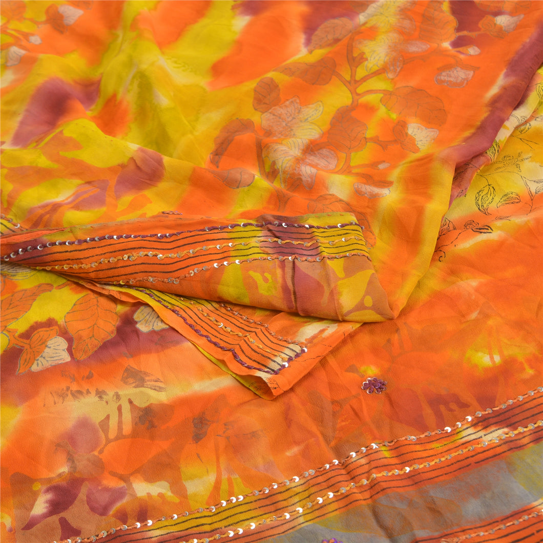 Sanskriti Vintage Sarees Tie-Dye Hand Beaded Pure Crepe Silk Sari Craft Fabric