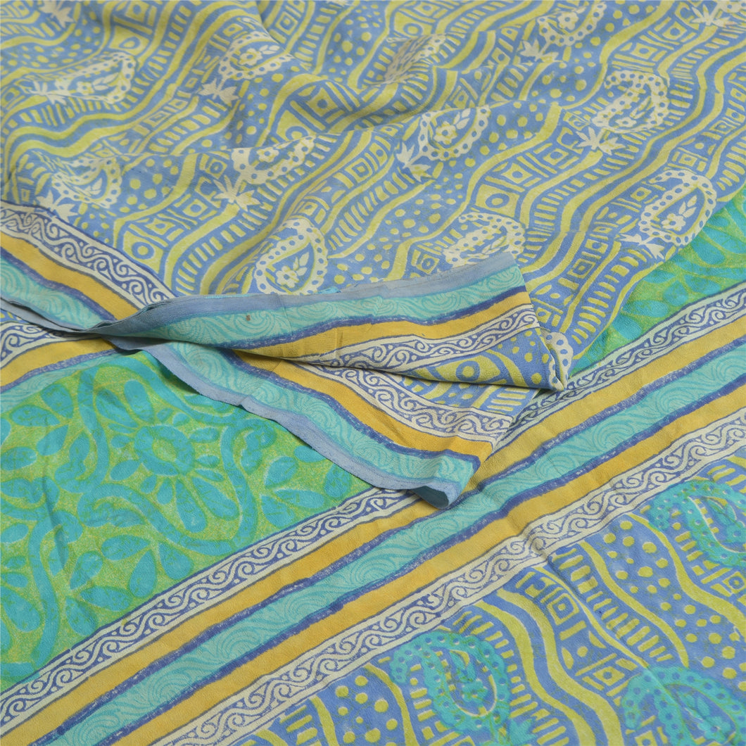 Sanskriti Vintage Sarees Blue Block Indian Printed Pure Crepe Silk Sari Fabric