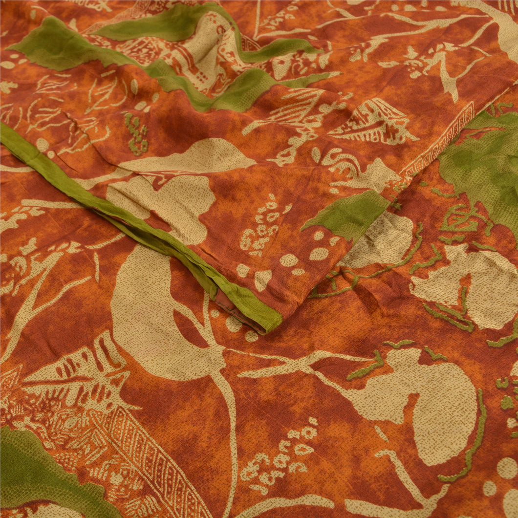 Sanskriti Vintage Sarees Orange Pure Crepe Silk Printed Sari Floral Craft Fabric