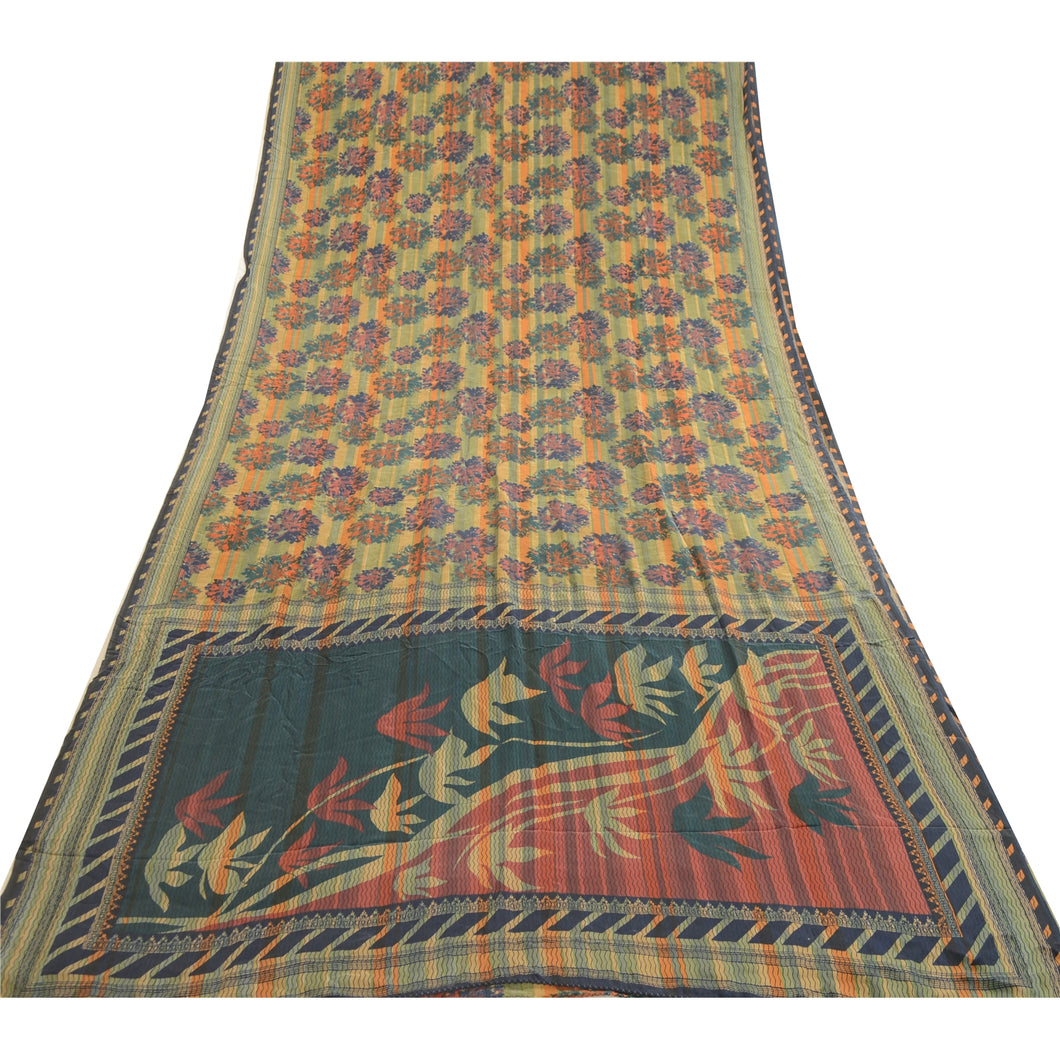 Sanskriti Vintage Sarees Multi Pure Crepe Silk Printed Sari Floral Craft Fabric
