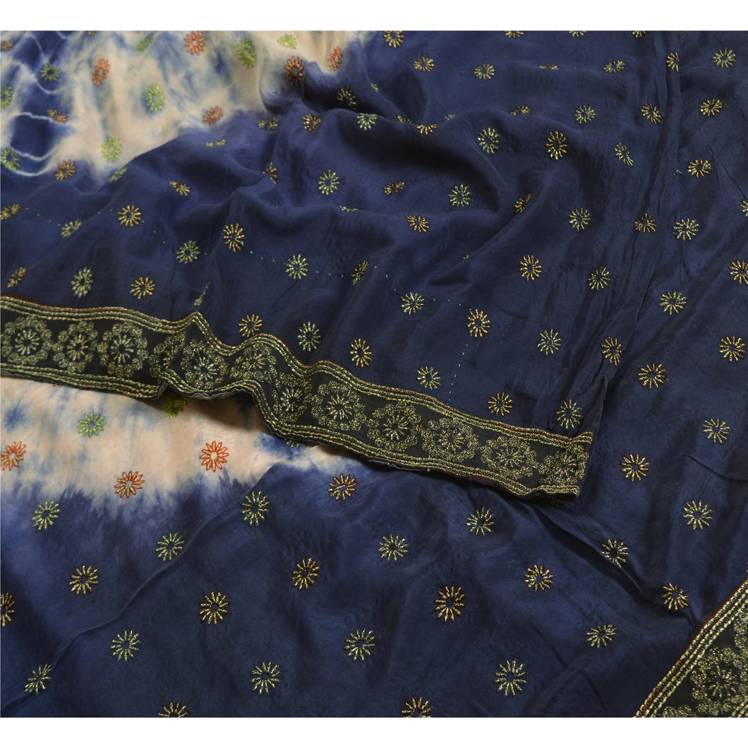 Sanskriti Vintage Sarees Blue Tie-Dye Embroidered Pure Crepe Silk Sari Fabric