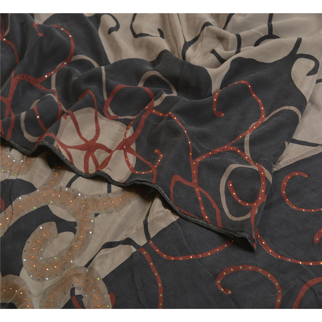 Sanskriti Vintage Sarees Gray Hand Beaded Printed Pure Crepe Silk Sari Fabric