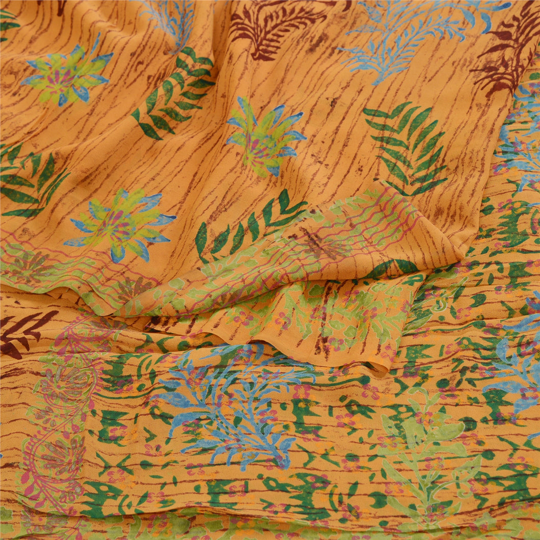 Sanskriti Vintage Sarees Mustard Pure Georgette Silk Printed Sari Craft Fabric