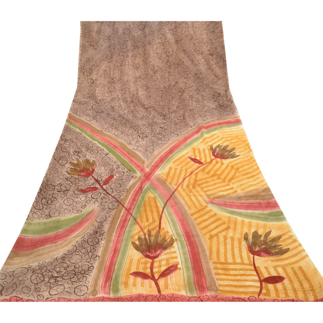 Sanskriti Vintage Sarees Gray Blend Georgette Printed Sari 5yd Soft Craft Fabric