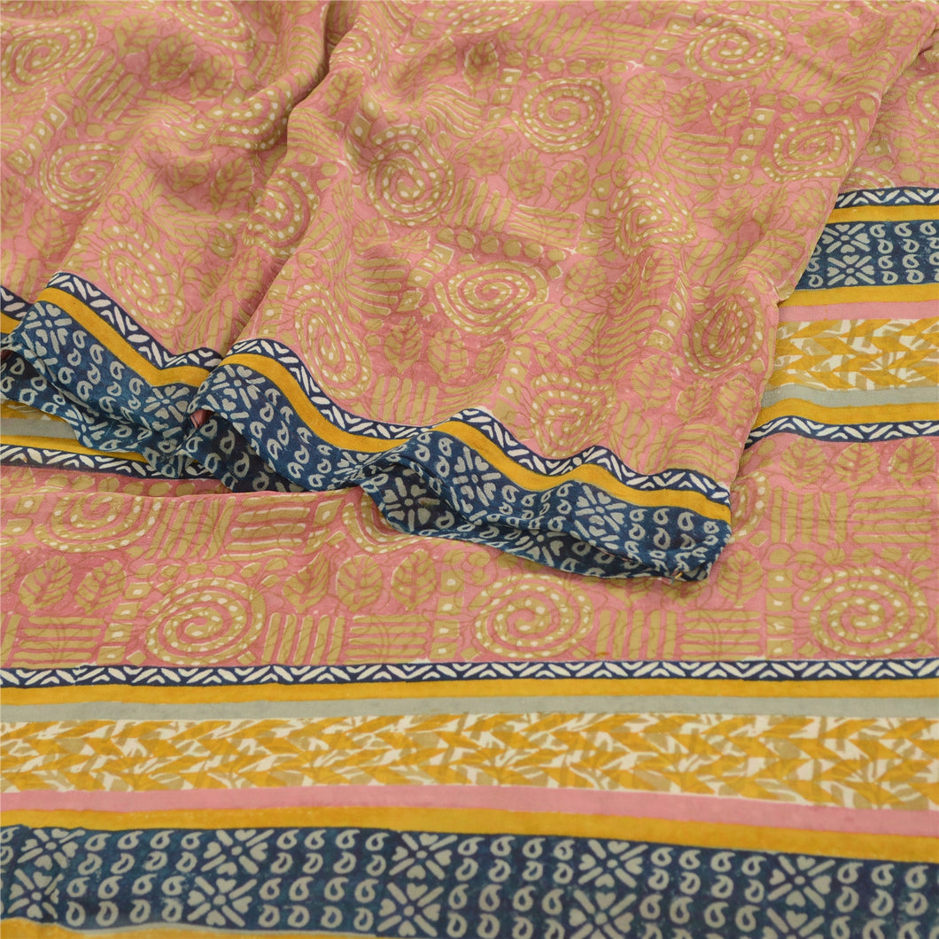 Sanskriti Vintage Sarees Pink Pure Georgette Silk Printed Sari 5yd Craft Fabric