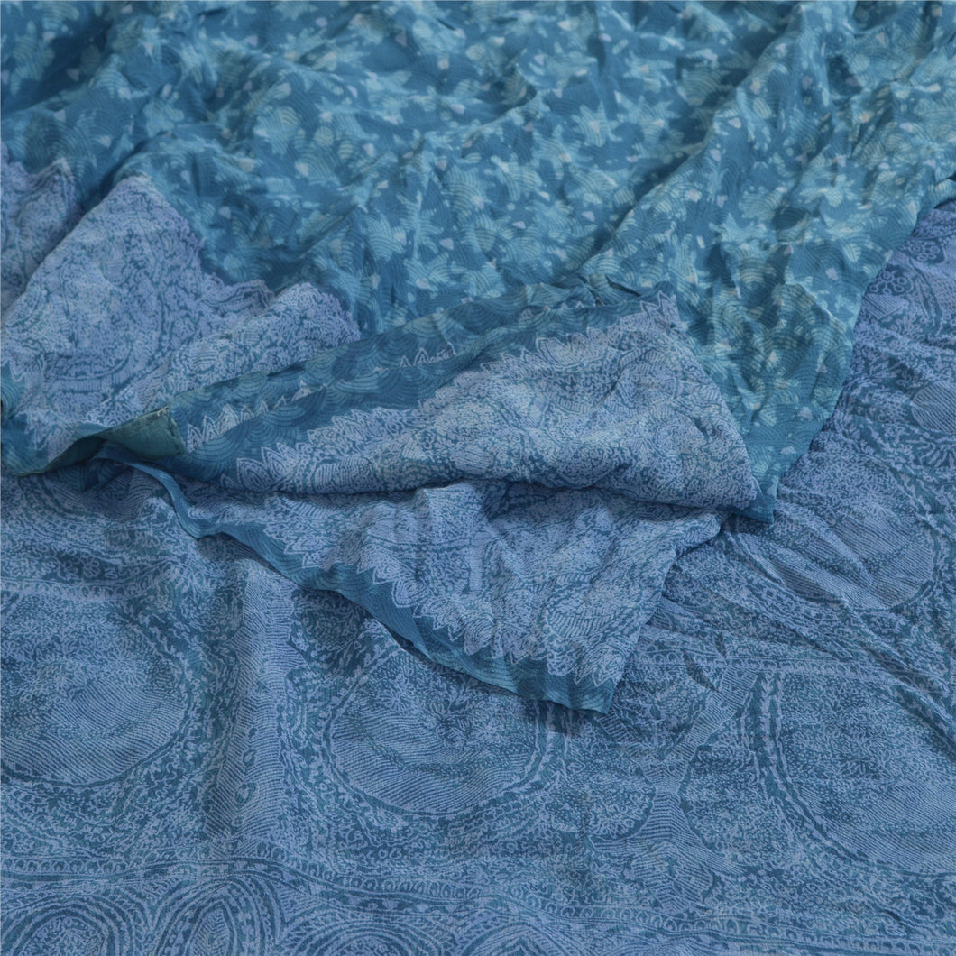Sanskriti Vintage Sarees Blue Pure Georgette Silk Printed Sari 5yd Craft Fabric