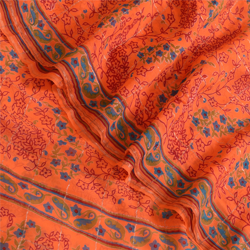 Sanskriti Vintage Sarees Orange Print Zari Woven Pure Georgette Silk Sari Fabric