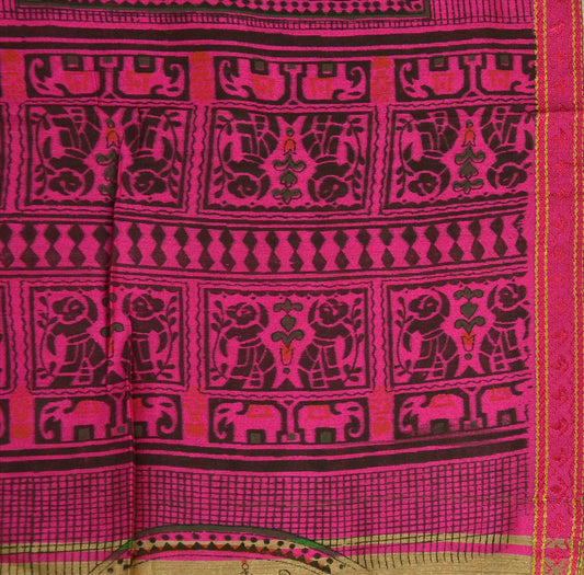 SANSKRITI VINTAGE INDIAN SAREE ART SILK BROWN PINK SARI FABRIC PAINTED ELEPHANT