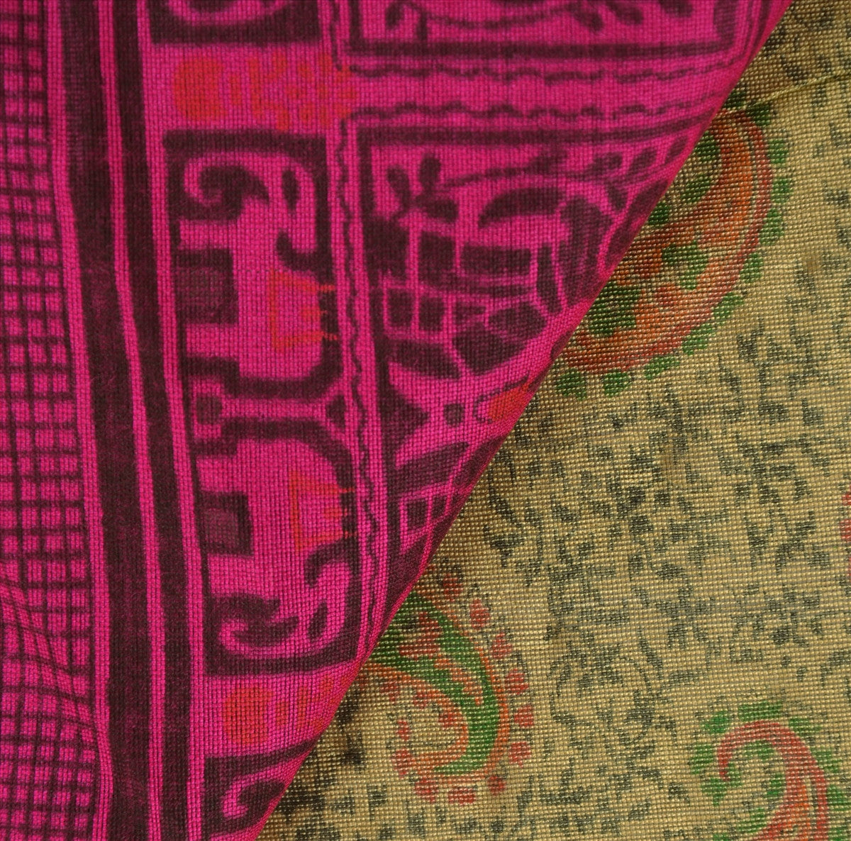 SANSKRITI VINTAGE INDIAN SAREE ART SILK BROWN PINK SARI FABRIC PAINTED ELEPHANT