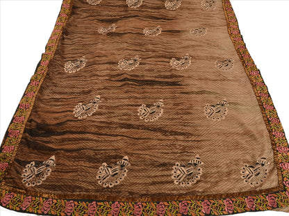 SANSKRITI VINTAGE INDIAN SAREE GEORGETTE BROWN SARI FABRIC EMBROIDERED  PATCH