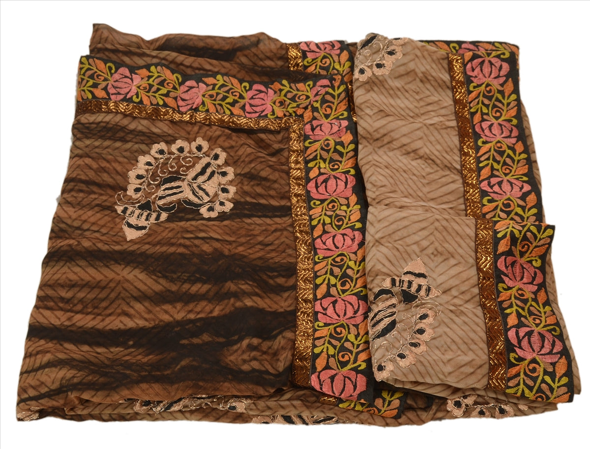 SANSKRITI VINTAGE INDIAN SAREE GEORGETTE BROWN SARI FABRIC EMBROIDERED  PATCH