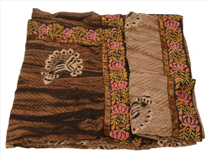 SANSKRITI VINTAGE INDIAN SAREE GEORGETTE BROWN SARI FABRIC EMBROIDERED  PATCH