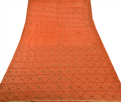 SANSKRITI VINTAGE INDIAN SAREE PURE SILK ORANGE SARI FABRIC HAND BEADED ZARI