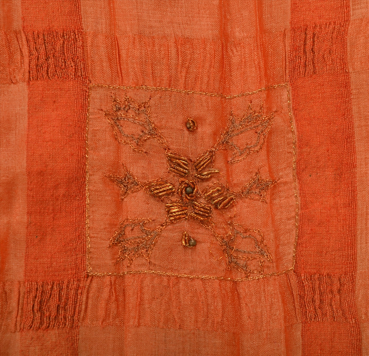 SANSKRITI VINTAGE INDIAN SAREE PURE SILK ORANGE SARI FABRIC HAND BEADED ZARI