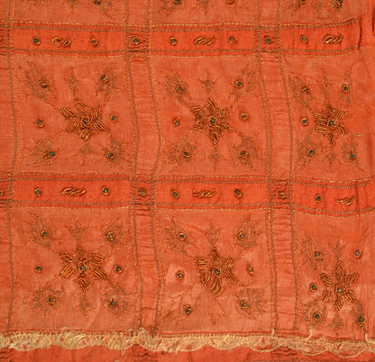 SANSKRITI VINTAGE INDIAN SAREE PURE SILK ORANGE SARI FABRIC HAND BEADED ZARI