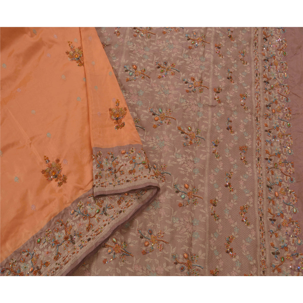 Orange Saree Pure Silk Hand Beaded Woven Craft Fabric Sari