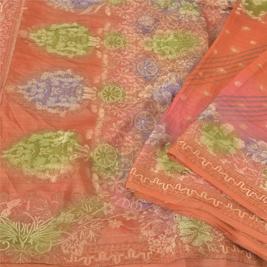 Sanskriti Vintage Peach Sarees 100% Pure Silk Woven Premium Sari Craft Fabric