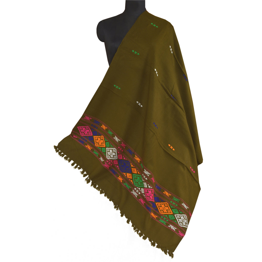 Sanskriti Vintage Long Woolen Brown Shawl Hand Embroidered Scarf Throw Stole