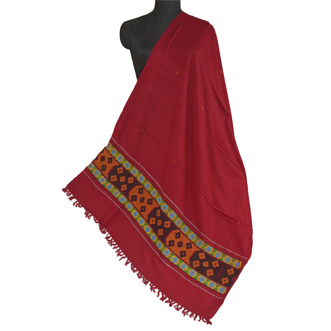 Sanskriti Vintage Long Dark Red Woollen Shawl Hand Embroidered Scarf Stole
