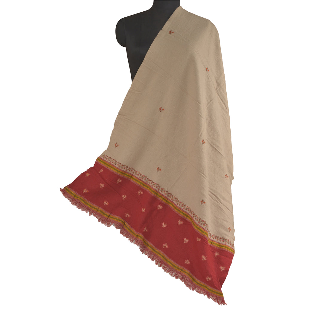 Sanskriti Vintage Long Shawl Pure Woolen Cream & Red Embroidered Scarf Stole