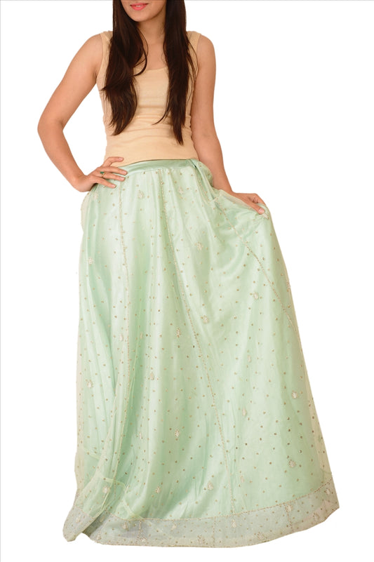 Vintage Indian Bollywood Women Long Skirt Hand Beaded Green L Size Lehenga