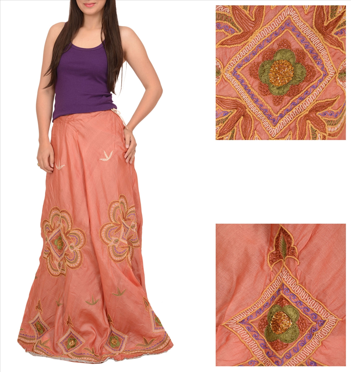 Vintage Indian Bollywood Women Long Skirt Hand Beaded Peach S Size Lehenga