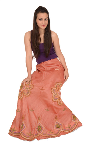 Vintage Indian Bollywood Women Long Skirt Hand Beaded Peach S Size Lehenga