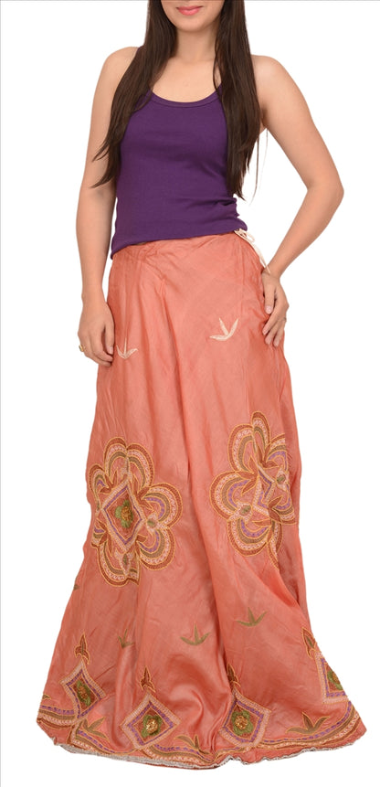 Vintage Indian Bollywood Women Long Skirt Hand Beaded Peach S Size Lehenga