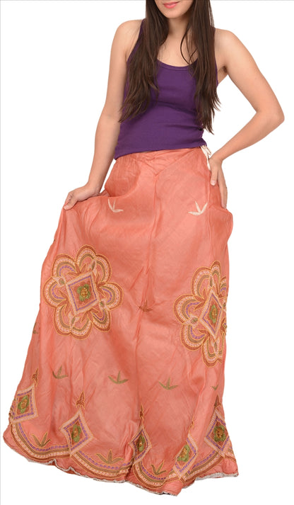 Vintage Indian Bollywood Women Long Skirt Hand Beaded Peach S Size Lehenga