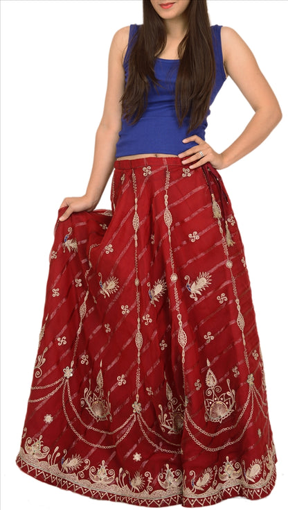 Vintage Indian Bollywood Women Long Skirt Hand Beaded Maroon M Size Lehenga