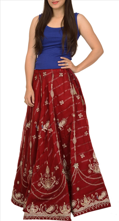 Vintage Indian Bollywood Women Long Skirt Hand Beaded Maroon M Size Lehenga