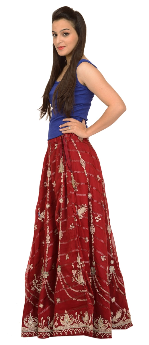 Vintage Indian Bollywood Women Long Skirt Hand Beaded Maroon M Size Lehenga