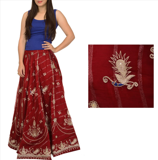 Vintage Indian Bollywood Women Long Skirt Hand Beaded Maroon M Size Lehenga