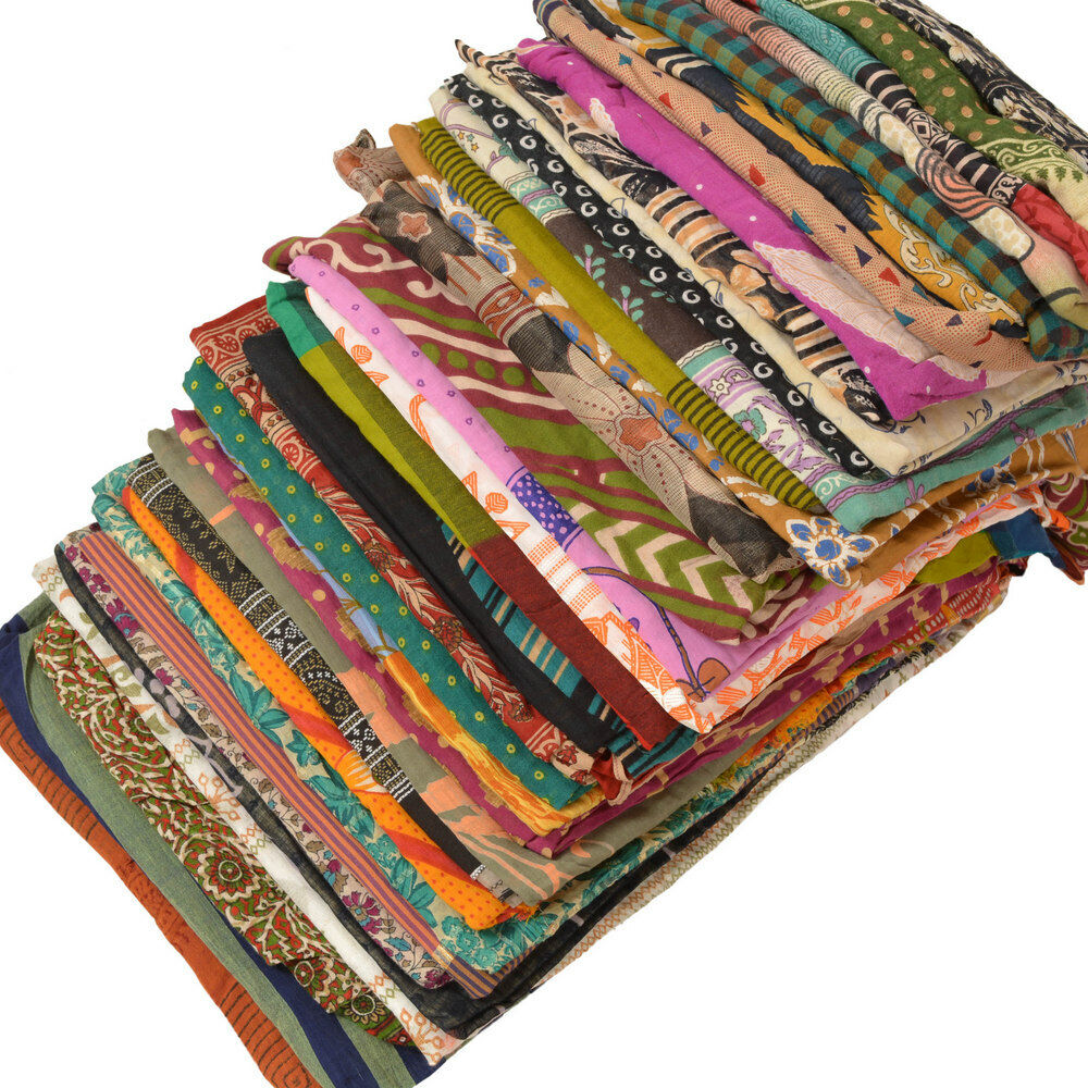 Sanskriti Vintage Recycled Used Pure Cotton Sari Fabric Fiber Art Craft Saree in Bulk 40 sarees, Craft Essentials